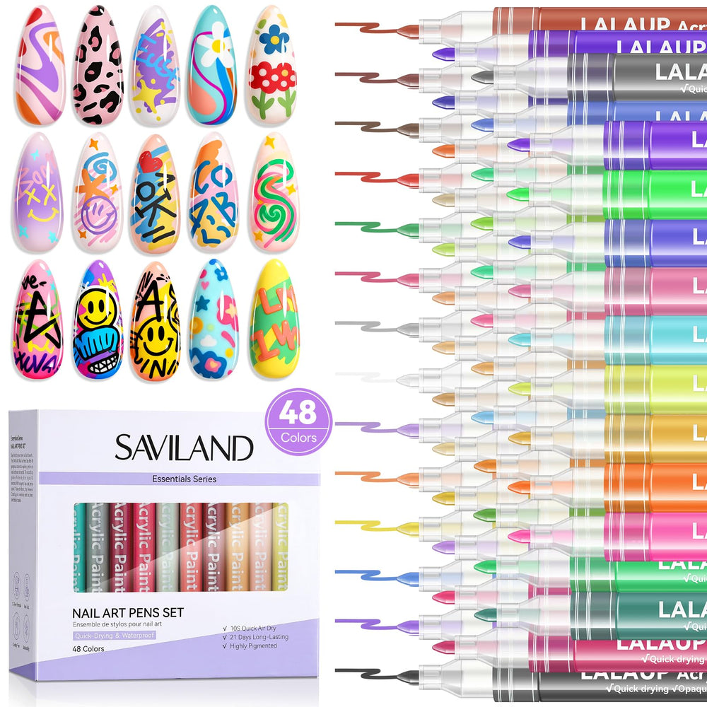 SAVILAND Essentials nail art pens set swatches show 48 vibrant colors for DIY nail art.