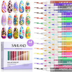 SAVILAND Essentials nail art pens set swatches show 48 vibrant colors for DIY nail art.