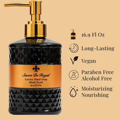 Savon De Royal bottle pour shows creamy lather ready for cleansing.