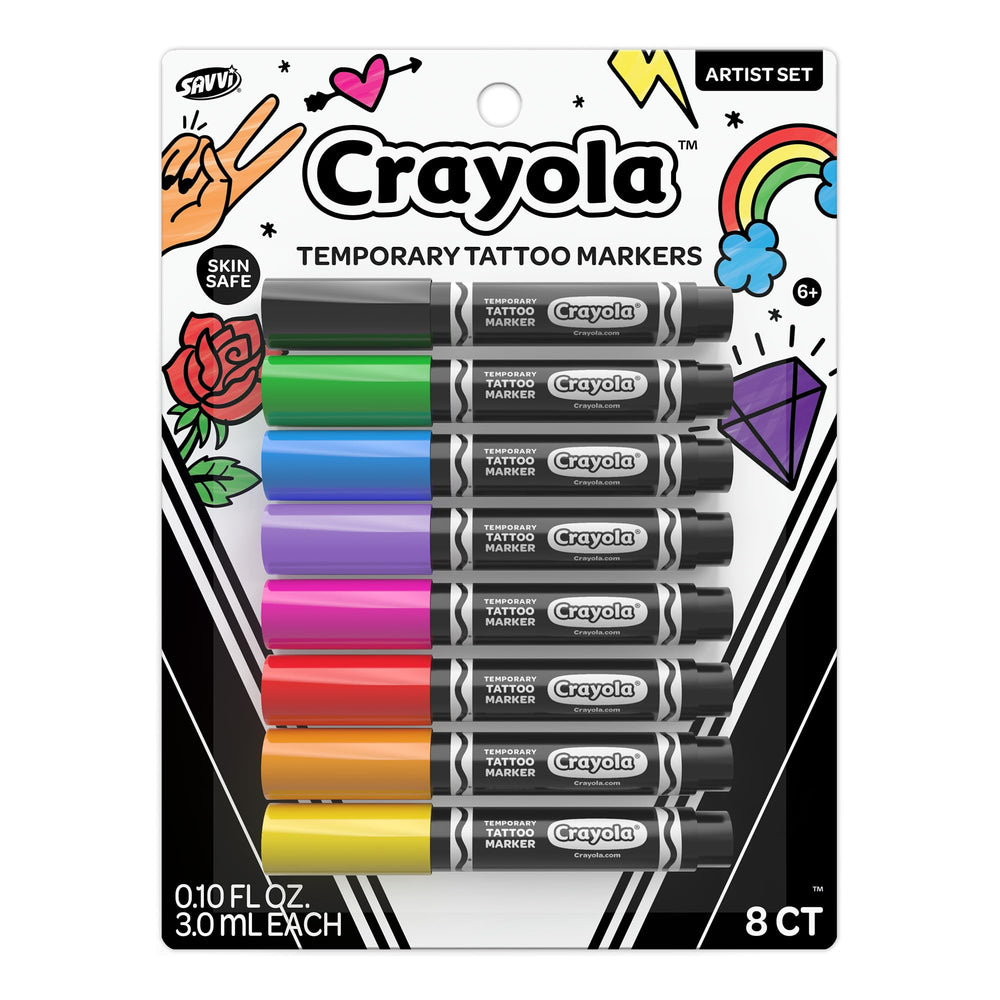 Savvi Crayola 8ct tattoo markers colors for vibrant temporary designs.