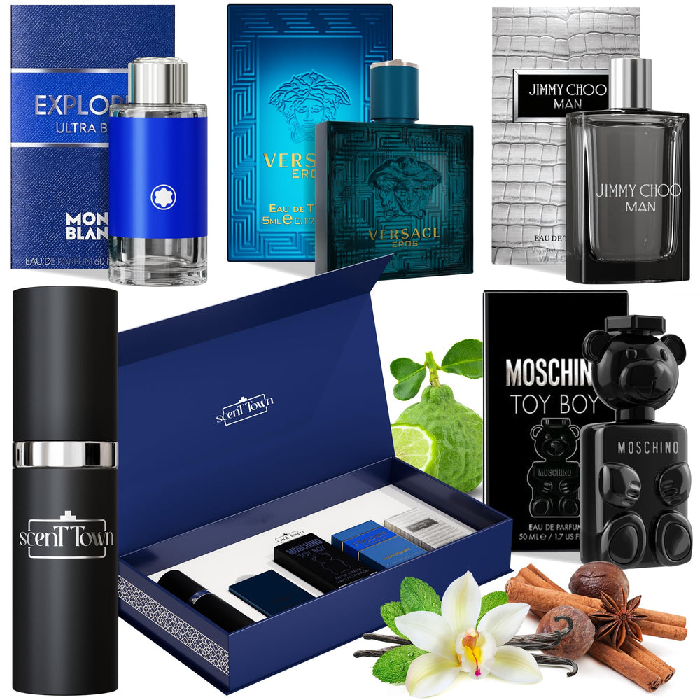Scent Town mens cologne gift set box front view highlighting travel-ready samples.