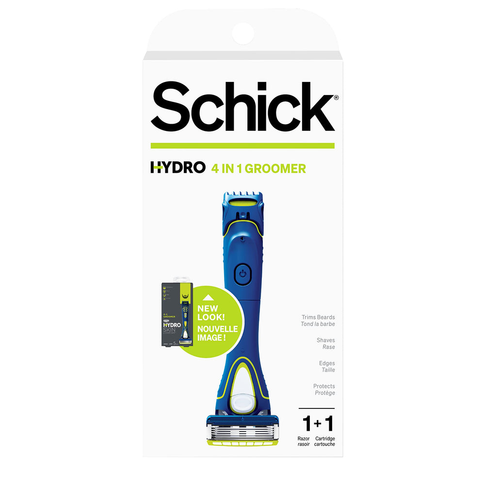 Schick Hydro 5 Groomer front view highlights all-in-one shaving and trimming capability.