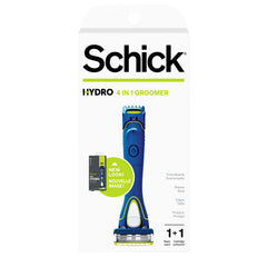 Schick Hydro 5 Groomer front view highlights all-in-one shaving and trimming capability.