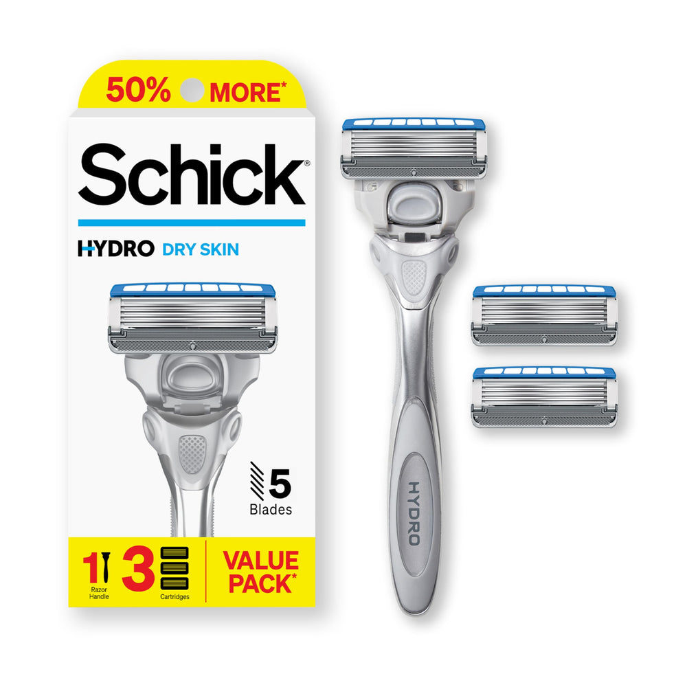 Schick Hydro Dry Skin Razor handle with comfort coating for easy glide.