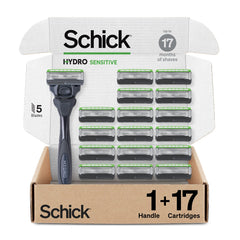 Schick Hydro Sensitive razor handle closeup showing ergonomic grip for gentle shaving