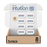Schick Intuition 8-count refills closeup, gel-free shaving convenience.