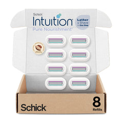 Schick Intuition 8-count refills closeup, gel-free shaving convenience.