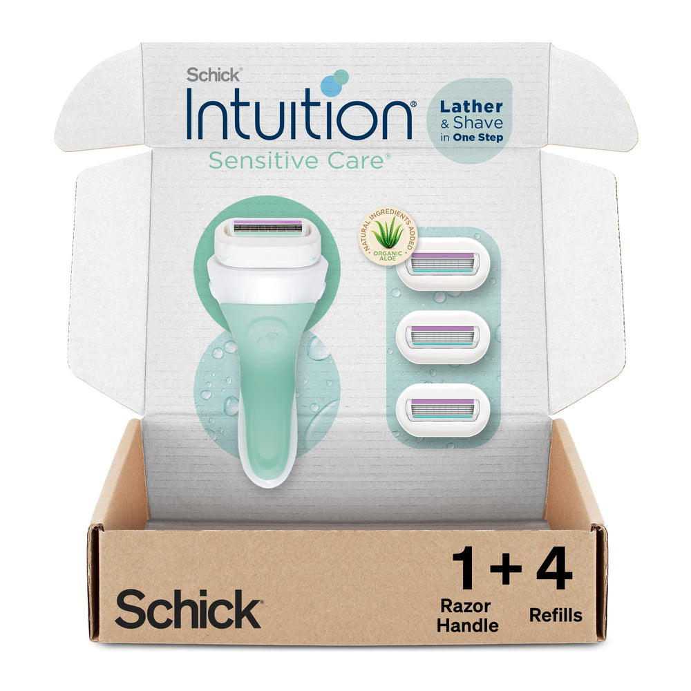 Schick Intuition razor handle close-up with ergonomic grip for stable control.
