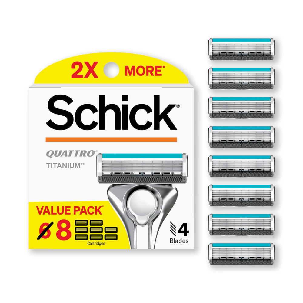 Schick Quattro Titanium refill with four blades for a close, comfortable shave.