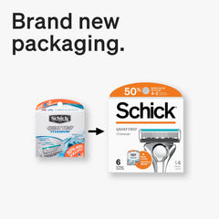 Schick Quattro Titanium refill, pack closeup, highlighting a value six-pack for economical grooming.