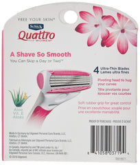 Schick Quattro refill shows lubricating strip with aloe and vitamin E for smoother glide