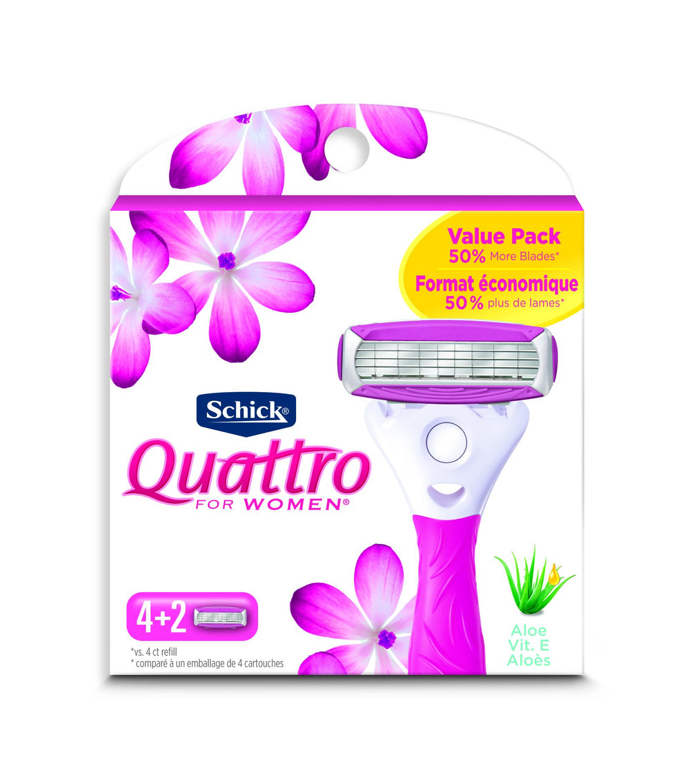 Schick Quattro Womens Ultra Smooth blade refill pack with four ultra-thin blades for lasting smoothness.