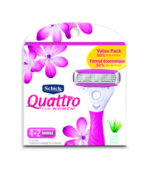 Schick Quattro Womens Ultra Smooth blade refill pack with four ultra-thin blades for lasting smoothness.