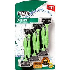 Schick Xtreme 3 Sensitive razor closeup on handle demonstrates comfortable grip.