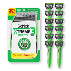 Schick Xtreme3 Sensitive razor close-up with three flexible blades for contouring shave.