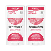 Schmidt's Coconut & Kaolin 2-pack packaging highlights aluminum-free protection for daily use.