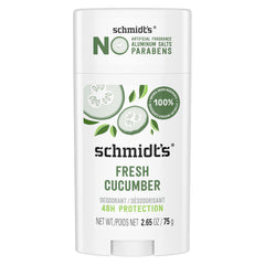 Schmidt's Fresh Cucumber deodorant bottle showing aluminum-free formula for daily freshness
