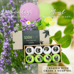 Schone Body lavender flowers with bath bomb closeup showing calming scent.