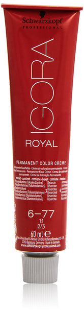 Schwarzkopf Igora Royal 6-77 tube close-up for precise copper-toned color application.