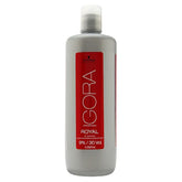 Schwarzkopf Igora Royal Developer 30 vol bottle showing even color lift potential.
