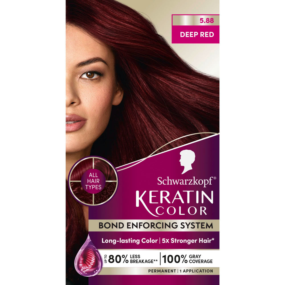 Schwarzkopf Keratin Color 5.88 Deep Red box promises vibrant, long-lasting color payoff