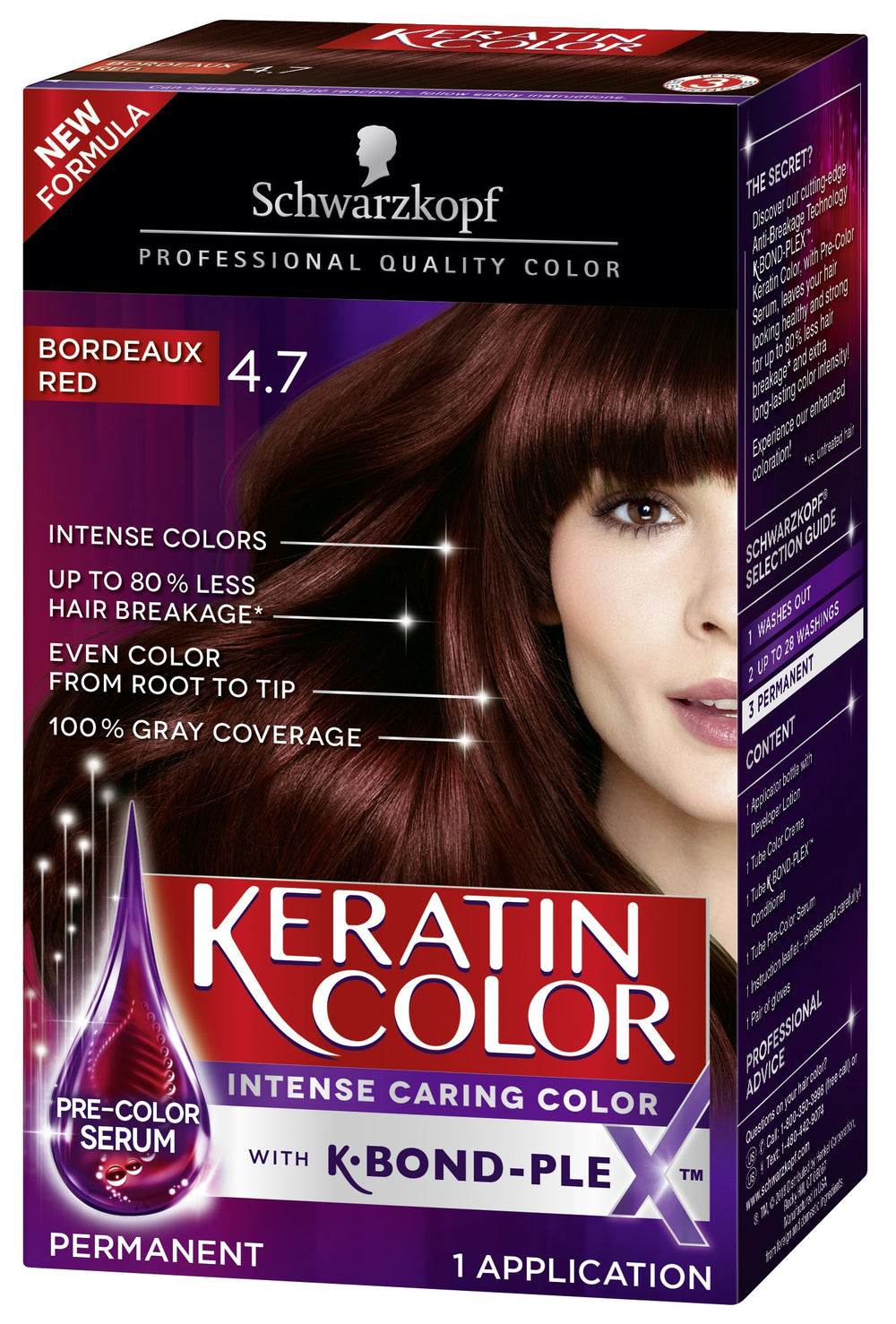 Schwarzkopf Keratin Color packaging shows Bordeaux Red kit ready for at-home color.