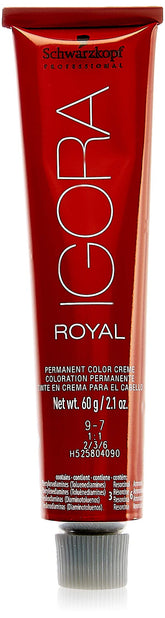 Schwarzkopf Professional Igora Royal 9-7 color swatch showing vivid extra light copper blonde for shade preview
