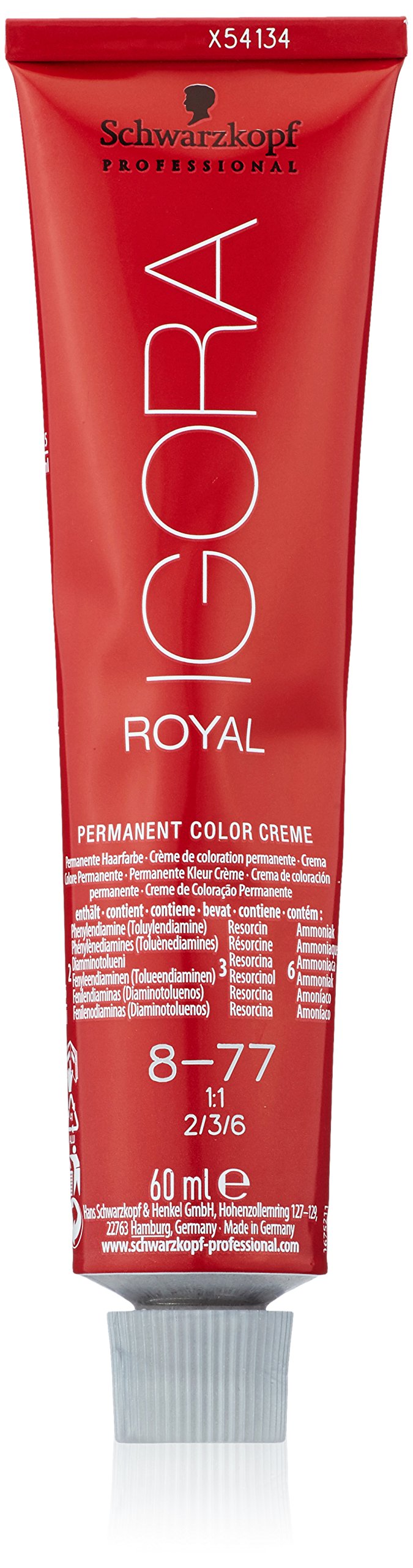 Schwarzkopf Royal IGORA 8-77 tube ready for rich color application.