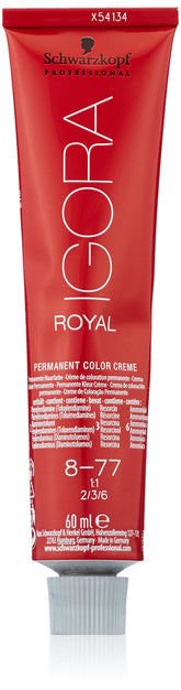 Schwarzkopf Royal IGORA 8-77 tube ready for rich color application.