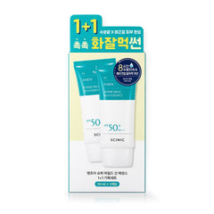 SCINIC Enjoy Super Mild Sun Essence bottle closeup showing light, non-stick formula