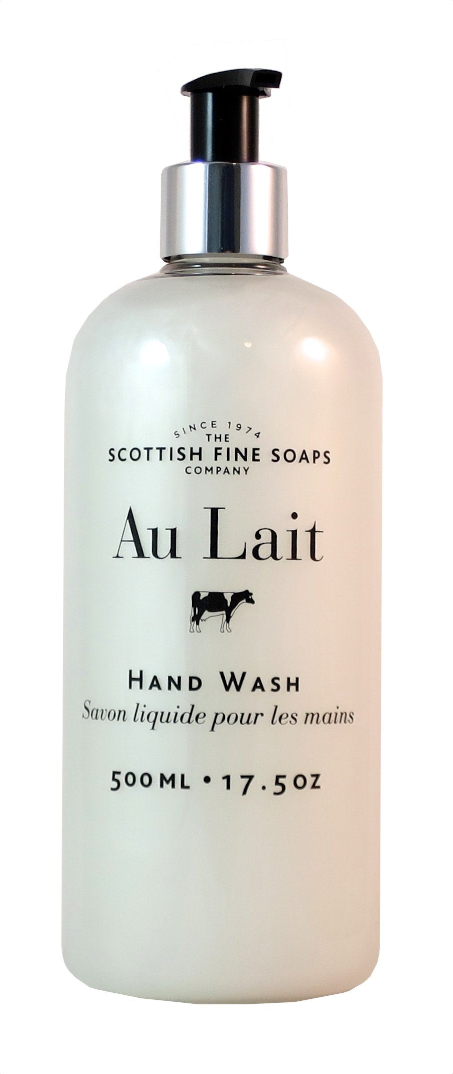 Scottish Fine Soaps Au Lait hand wash bottle showing soothing milk fragrance for daily cleansing