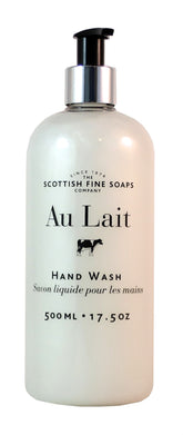 Scottish Fine Soaps Au Lait hand wash bottle showing soothing milk fragrance for daily cleansing
