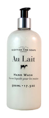 Scottish Fine Soaps Au Lait hand wash bottle showing soothing milk fragrance for daily cleansing