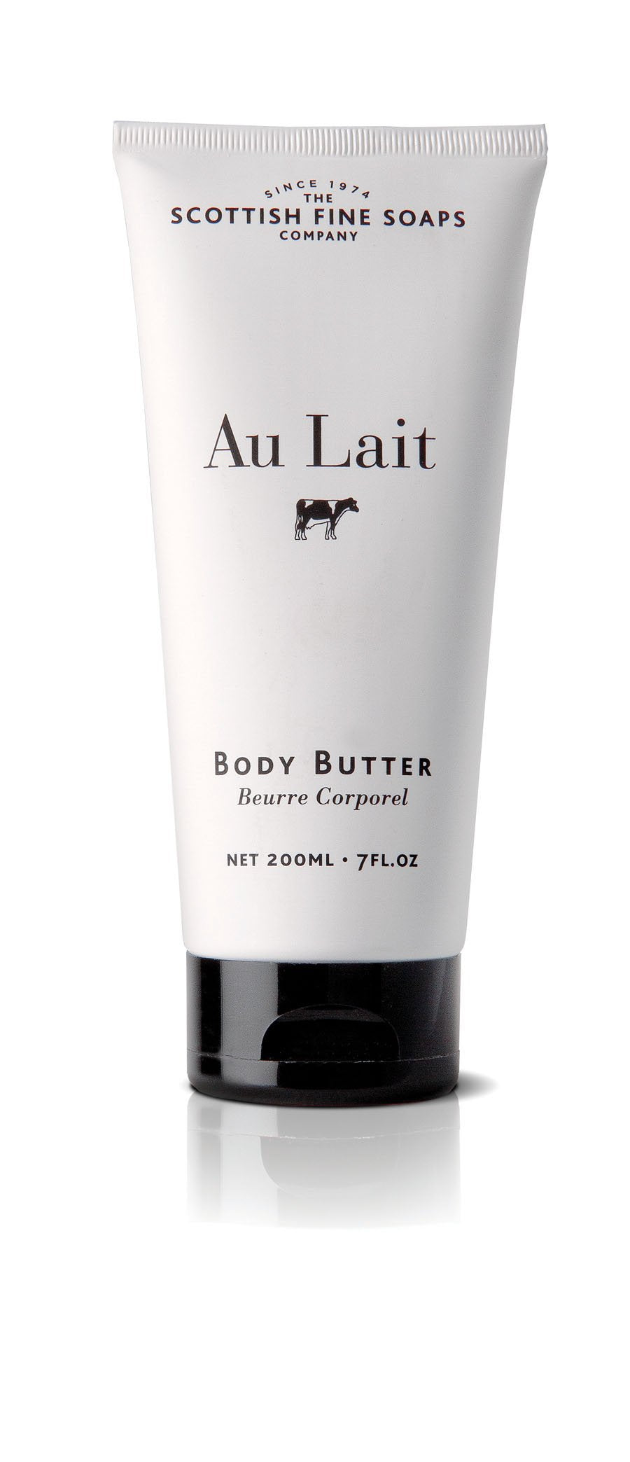 Scottish Fine Soaps Au Lait Milk Body Butter tube delivers nourished, soft skin with rich moisture after shower.