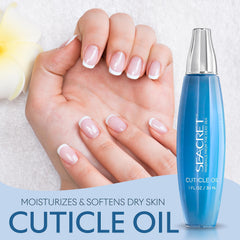 SEACRET Cuticle Oil with calendula and jojoba on nails provides smoothing shine.