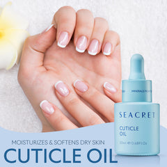SEACRET cuticle oil packaging and travel-friendly 20 ml bottle.