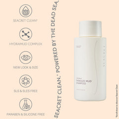 SEACRET Minerals HydraMud Shampoo Dead Sea mud visual emphasizes mineral-rich cleansing for scalp comfort