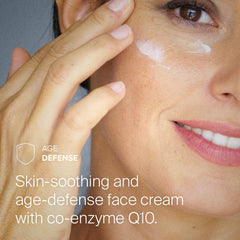 SEBAMED Q10 protection cream applying to neck illustrates comprehensive facial-skin care.