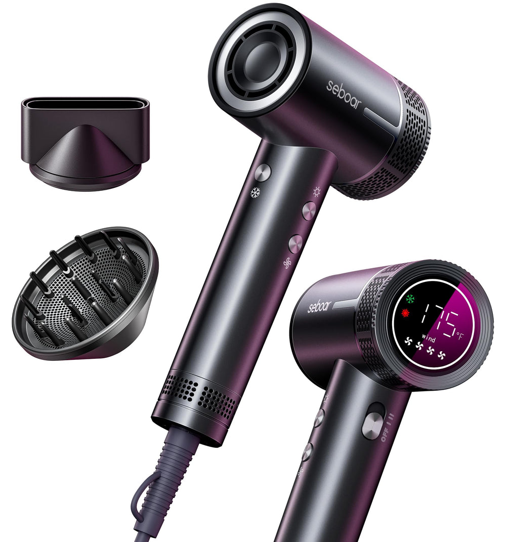 Seboar high-speed ionic hair dryer with diffuser attachment for quick, even drying.