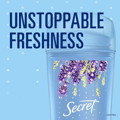 Secret lavender clear gel label close-up highlights soothing lavender scent for fresh confidence.