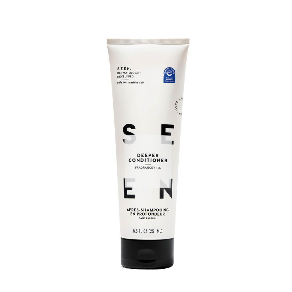 SEEN Deeper Conditioner fragrance-free bottle shows gentle hair care for sensitive skin