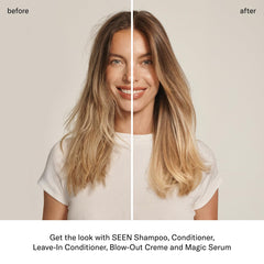 SEEN Leave-In Conditioner on color-treated hair shows color-safe hydration and shine.