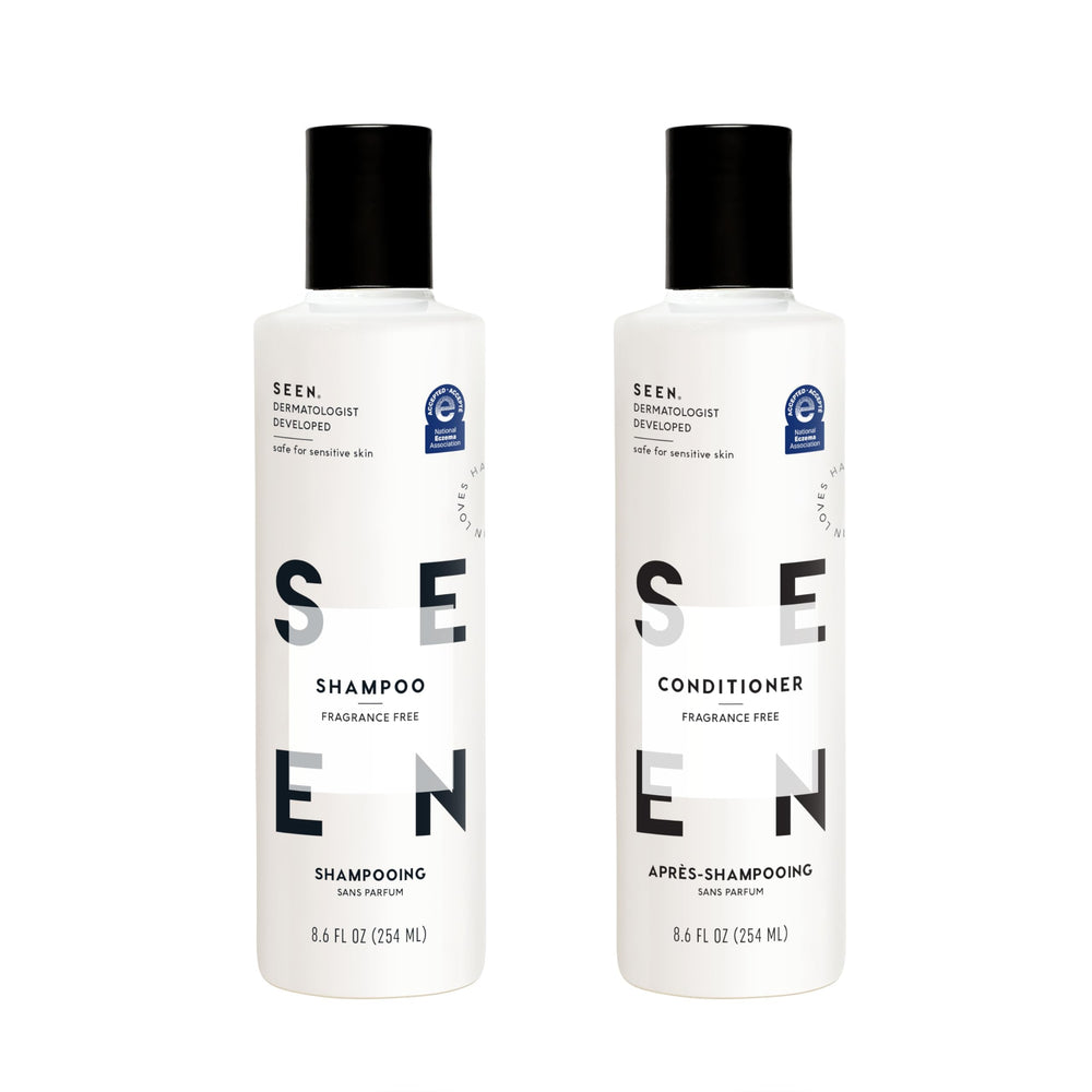 SEEN shampoo bottle-front: fragrance-free formula ideal for sensitive scalps.