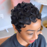 SeFiSha short layered pixie wig with bangs top view for natural daily wear