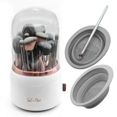 Selanoir rotating makeup brush holder with lid shows easy-access brush storage.