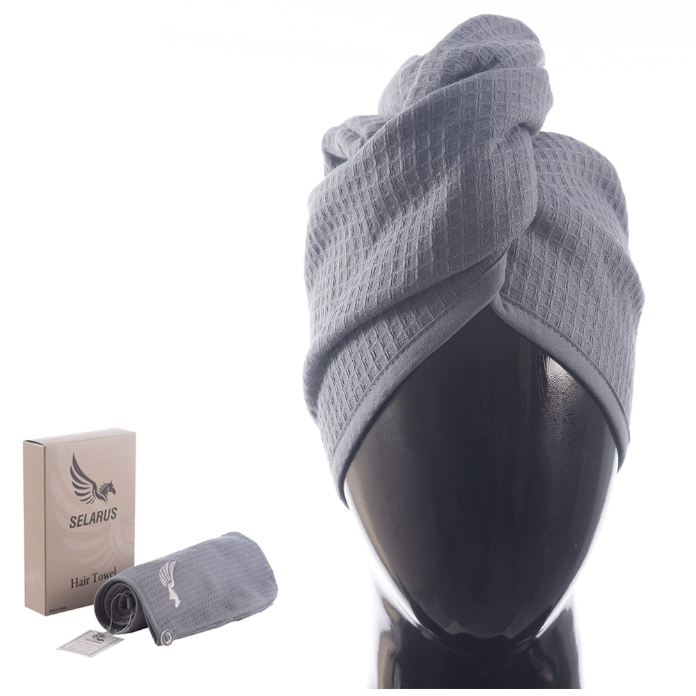 Selarus hair towel wrap shows outer waffle design for quick drying