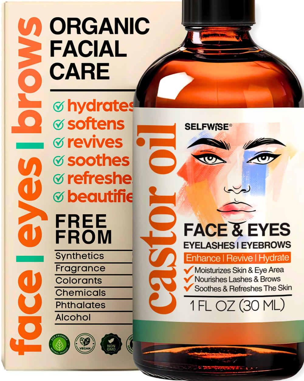 SELFWISE organic castor oil face moisturizer bottle – deep hydration for soft, smooth skin.