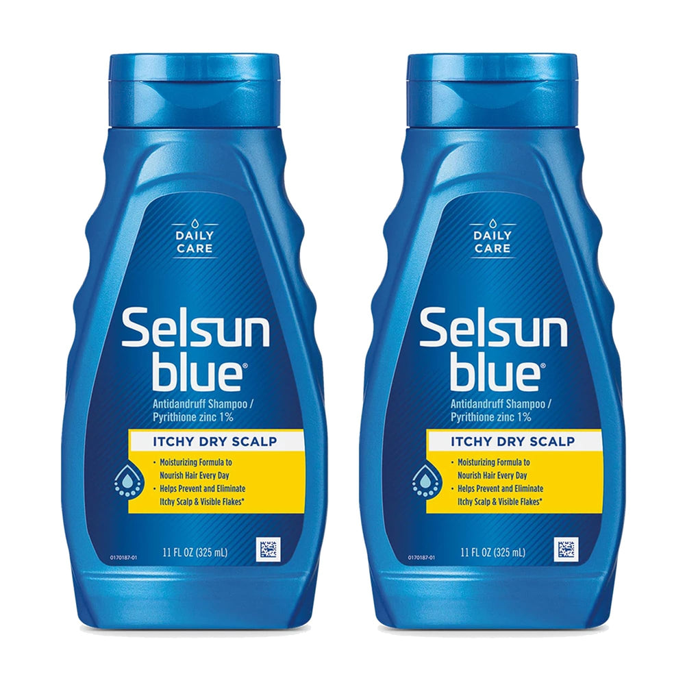Selsun Blue bottle front view highlights extra-hydrating anti-dandruff formula for a 2-pack.