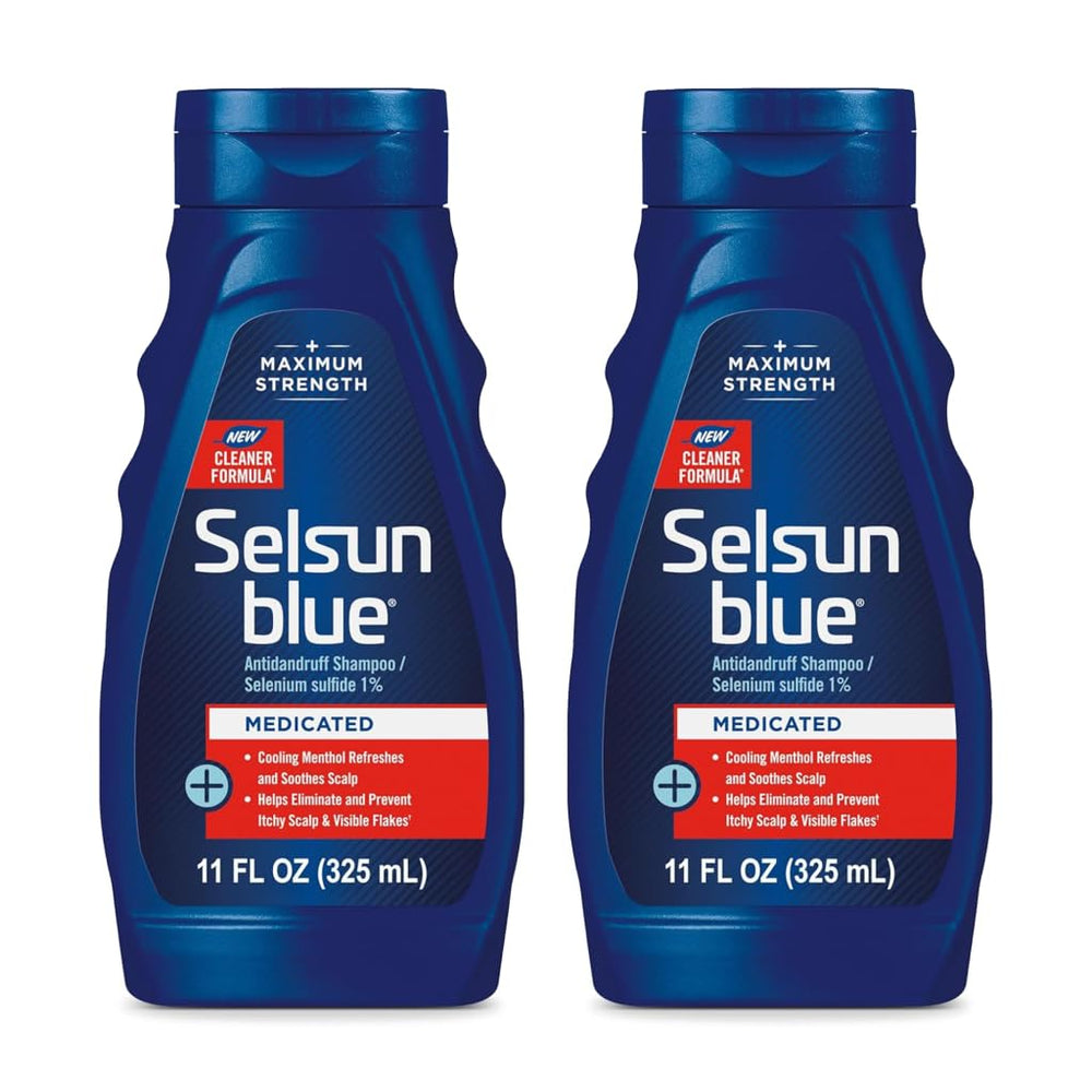 Selsun Blue medicated anti-dandruff shampoo bottle with cooling menthol for scalp relief.