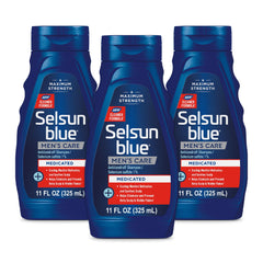 Selsun Blue medicated antidandruff shampoo pack of three bottles offering maximum strength dandruff control.